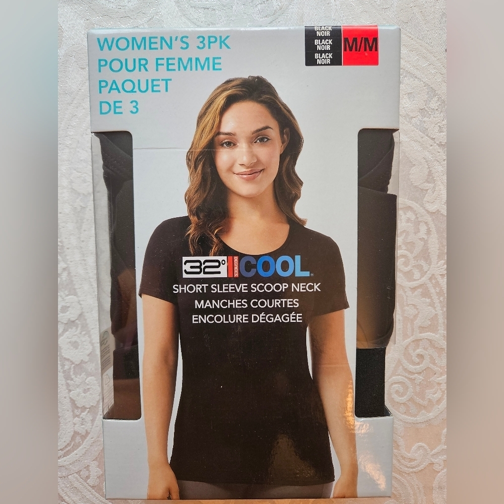 32 Degrees Cool Quick Dry T-Shirts, Box of 3 Black Shirts, Medium, New in Box